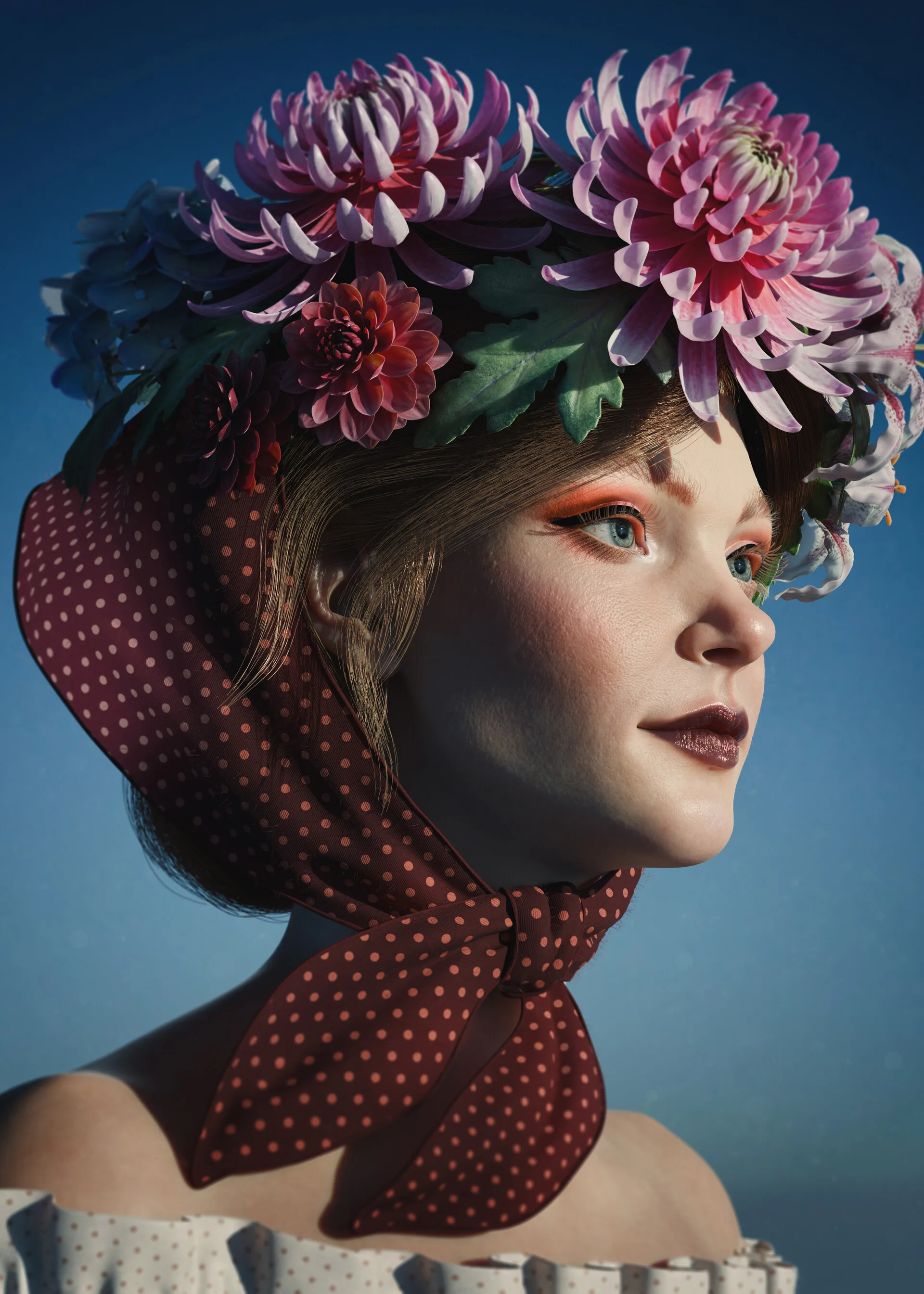 Portrait with Flowers — digital portrait sculpt by freelance 3D character artist Anna Schmelzer, ZBrush and Octane render