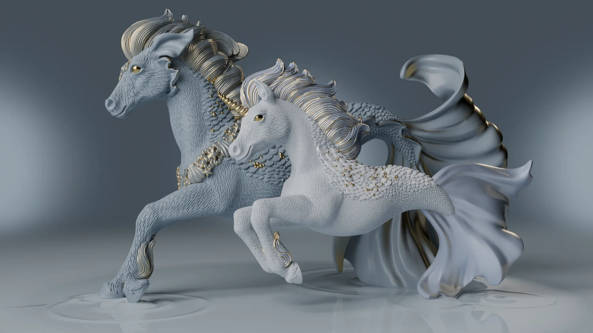 Hippocampus mare and Sea Unicorn foal — Schleich Bayala Meamare toy character sculpt by Anna Schmelzer
