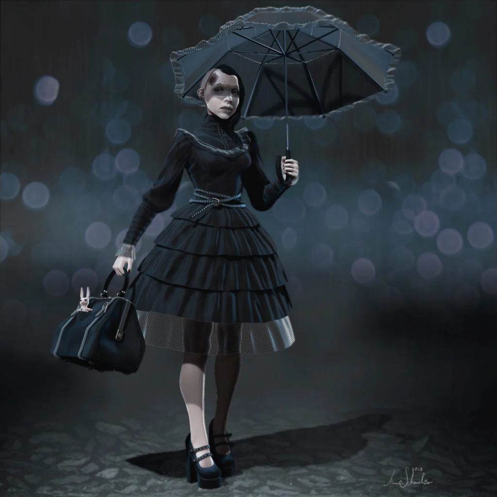 Goth Girl stylized editorial character render by Anna Schmelzer