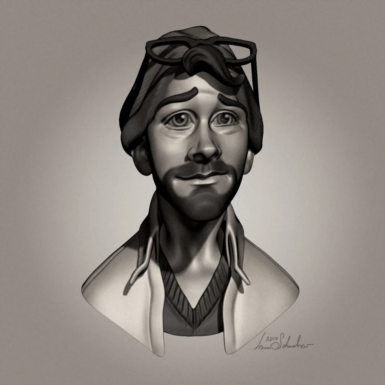 Stylized Hipster character sculpt with glasses in front view by Anna Schmelzer