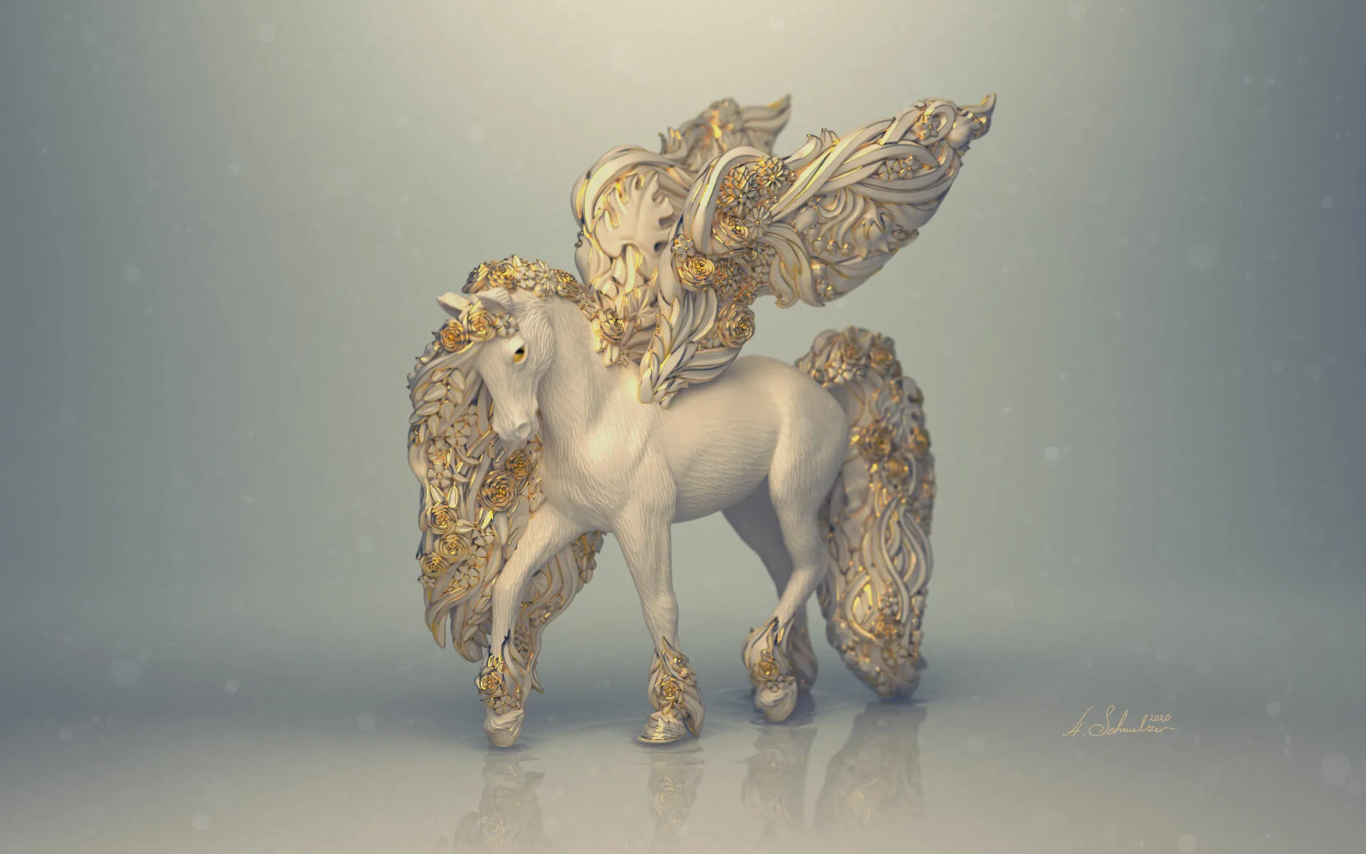 Blossom Pegasus — gold variant hero render, Schleich Bayala toy character sculpt by Anna Schmelzer