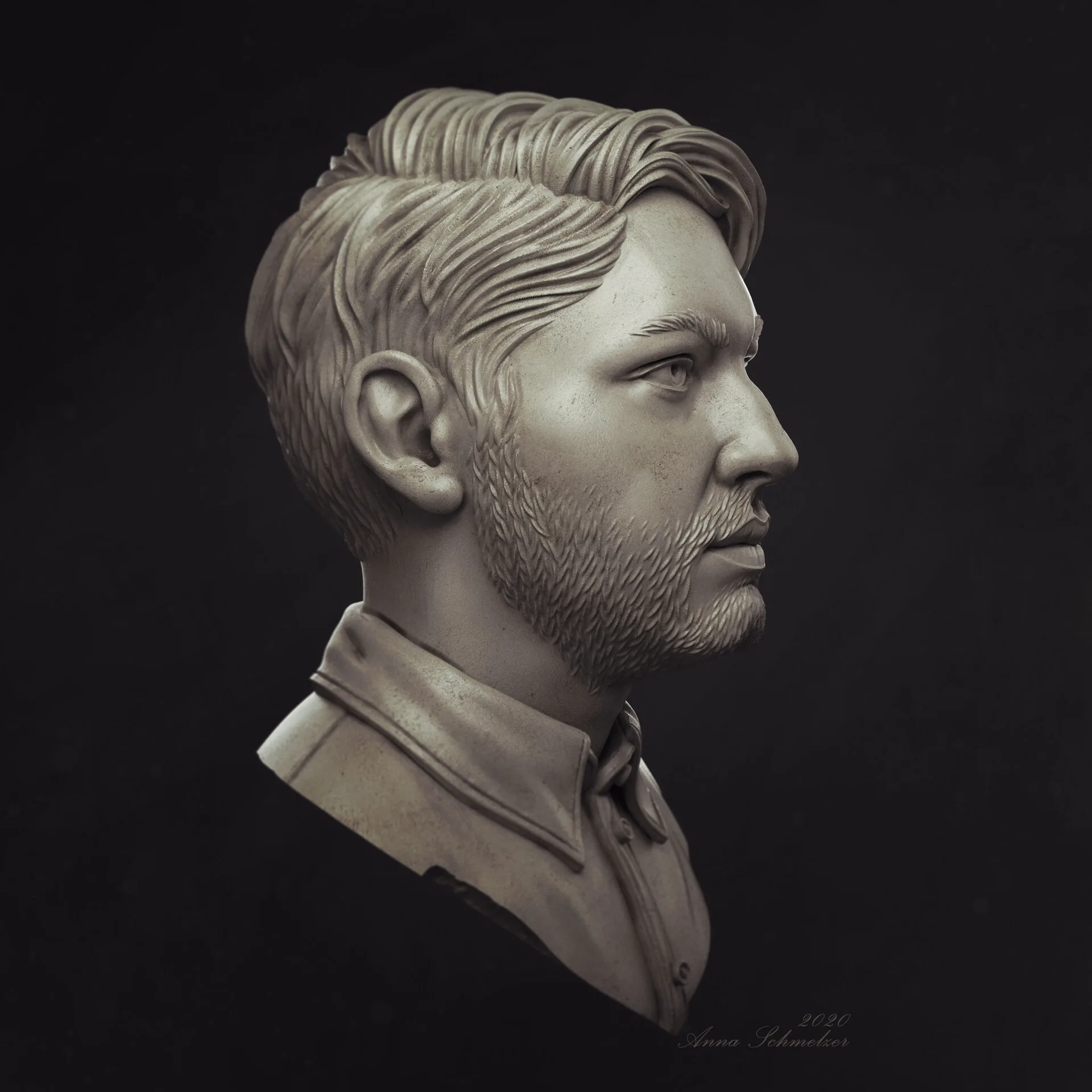 Radcat studio portrait sculpt of Andre at 60-degree right view by Anna Schmelzer