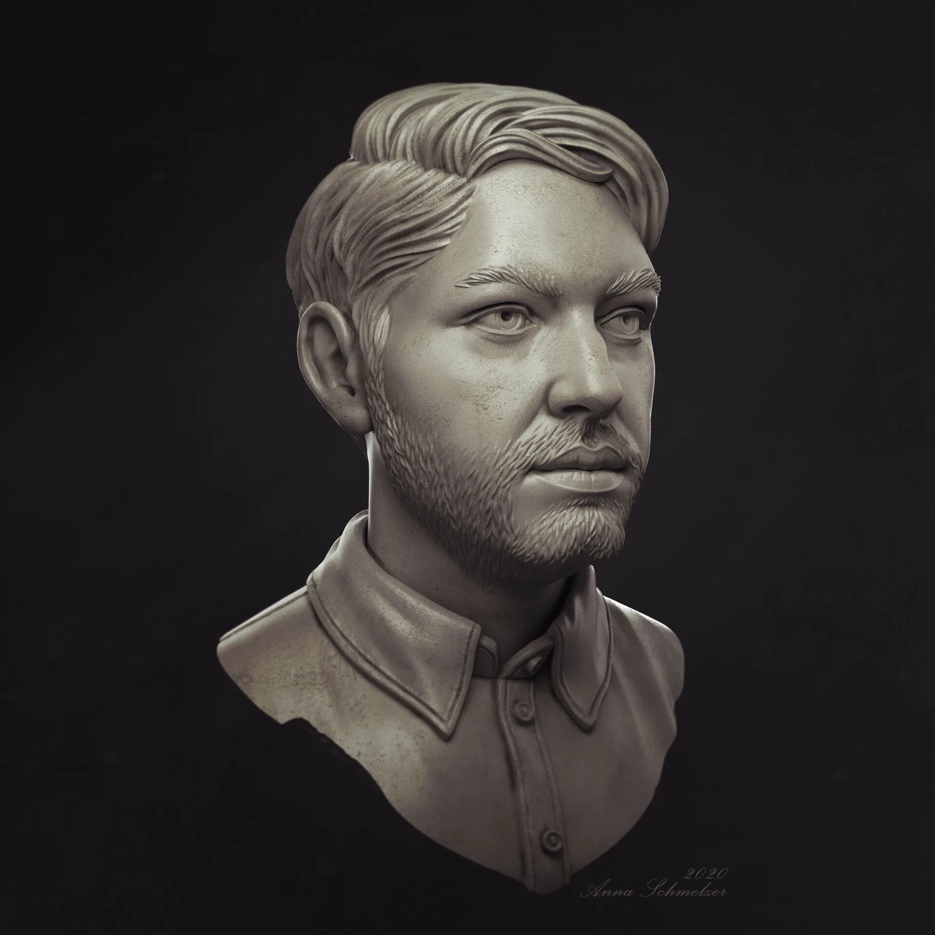 Radcat studio portrait sculpt of Andre at 45-degree left view by Anna Schmelzer