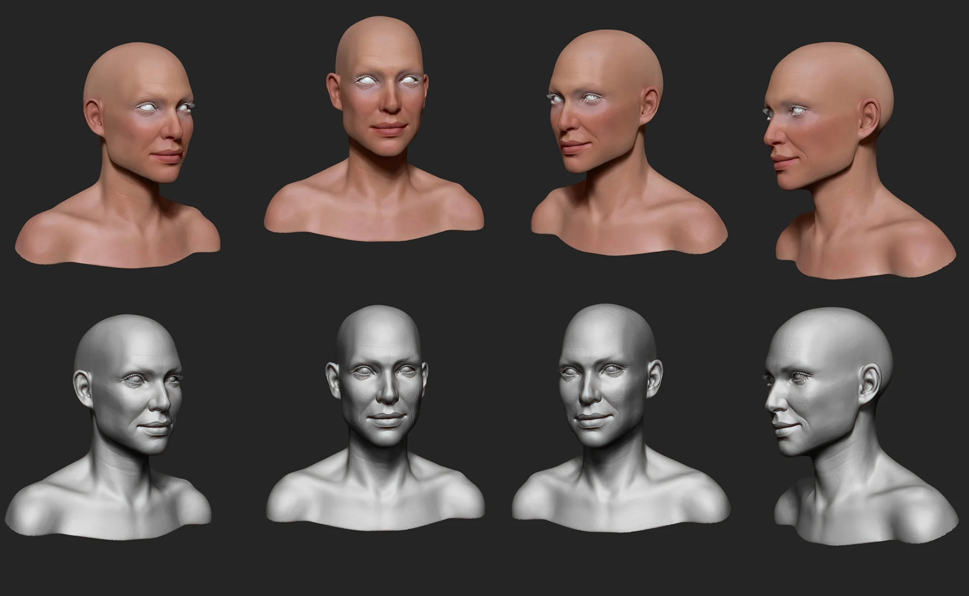 Turnaround sheet for the Clair ZBrush likeness sculpt by Anna Schmelzer