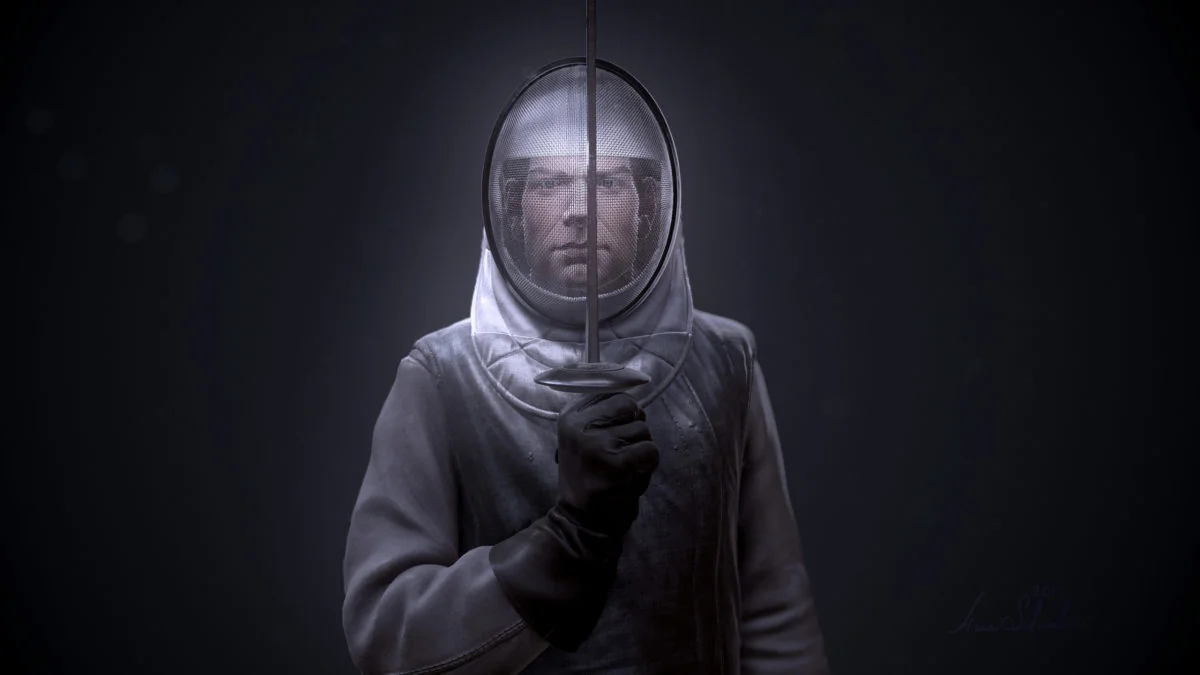 Alternate front render of the ZBrush Fencer real-time character by Anna Schmelzer