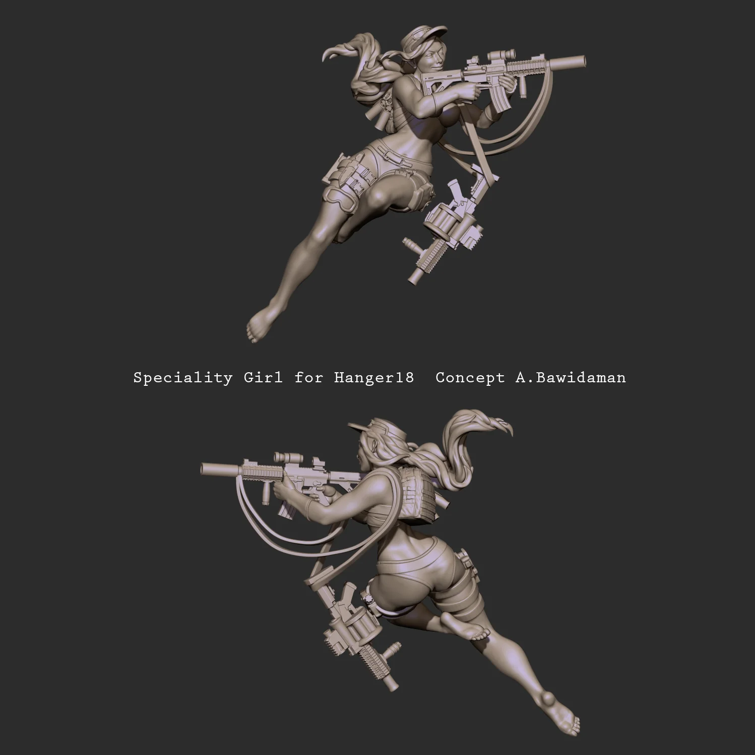 Specialty Girl resin miniature sculpt for Hangar 18 in studio render by Anna Schmelzer